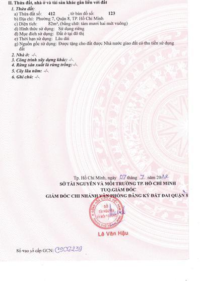 Bán đất mặt tiền 20m, 82m2, sổ hồng riêng,xây dựng 1 trệt 2 lầu +sth, khu dân cư lê bôi phường 7 q8