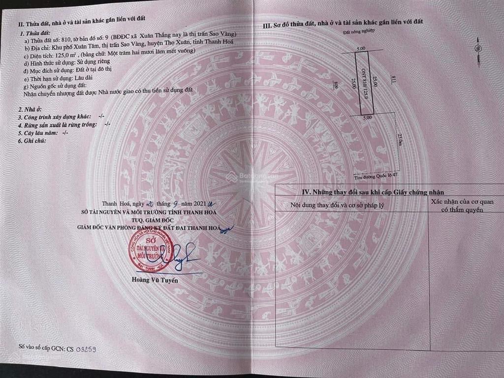 Bán đất quốc lộ 47, cổng chính kcn lam sơn  sao vàng, giá 2,6 tỷ