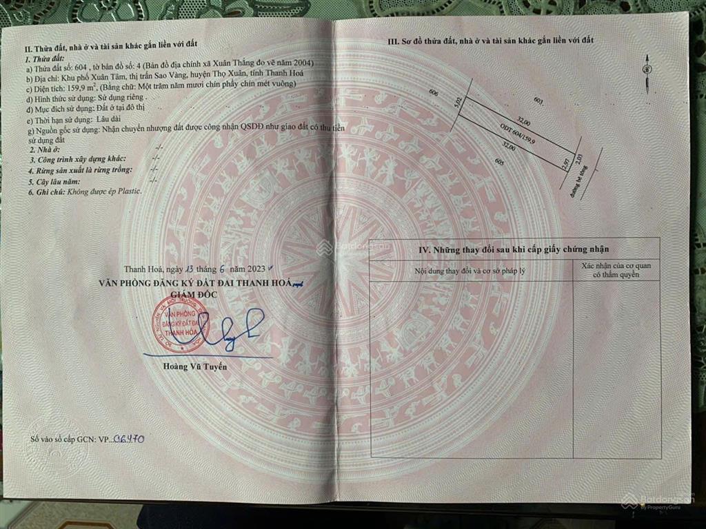Bán đất thổ cư tại tt. sao vàng thọ xuân thanh hóa, giá 680triệu, 159.9m2 mặt tiền 5m sổ hồng sẵn