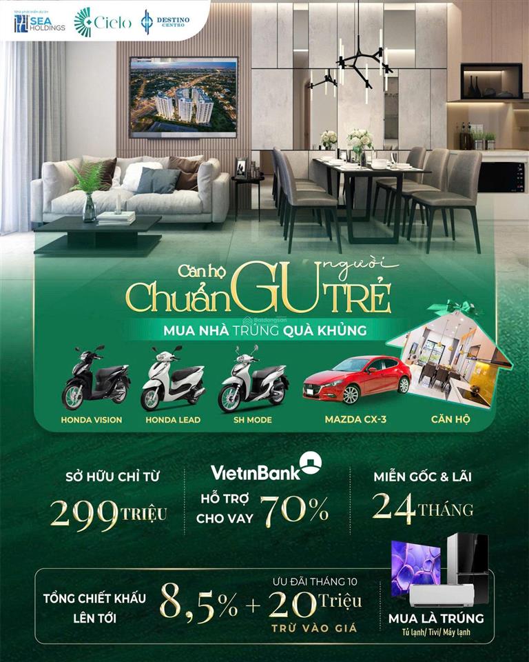 Căn hộ destino centro căn góc 2pn+2wc (1tỷ350)thanh toán 350tr nhận nhà sở hữu lâu dài view nội khu