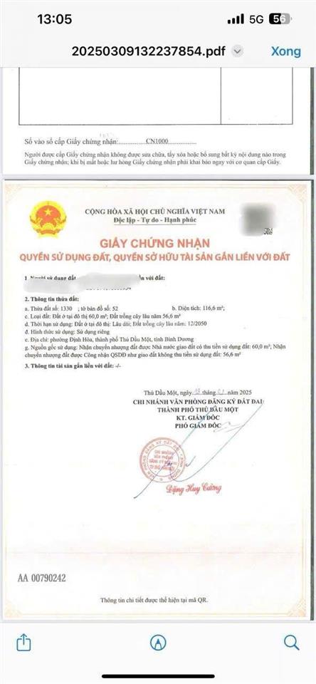 Giá chỉ 1.7 tỷ mặt tiền dx 63 nhựa 6m định hòa, vị trí gần tp mới bd dt 4x29m thổ cư 60m2= 116.6m2
