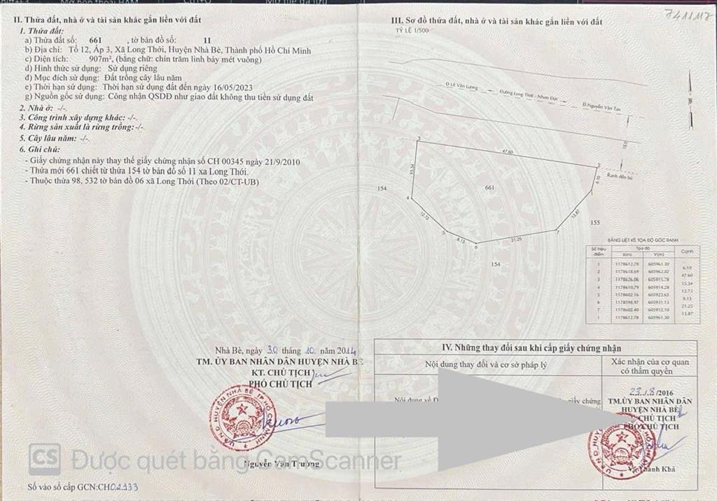 Bán đất trồng cây mặt tiền ngô quang thắm, long thới, nhà bè, dt 907m2, giá 13,6 tỷ