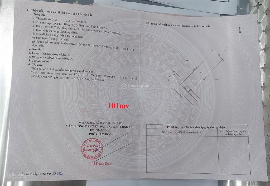 Bán đất thổ cư tại xã tân bửu, bến lức, long an, giá 1,2 tỷ, 101m2 (lương hòa tây ninh)