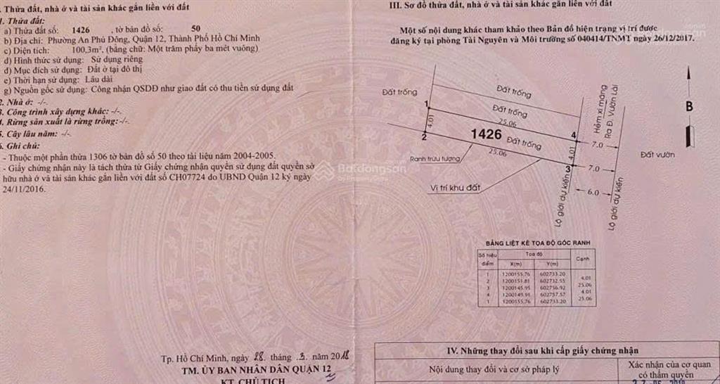 Bán đất hẻm 94 đường vườn lài giá 7.5 tỷ diện tích 4 x 25m