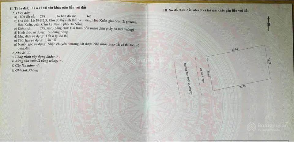 Bán đất biệt thự 249.3m2 view sông công viên đường tôn thất dương kỵ b2.3 lô 39, hòa xuân
