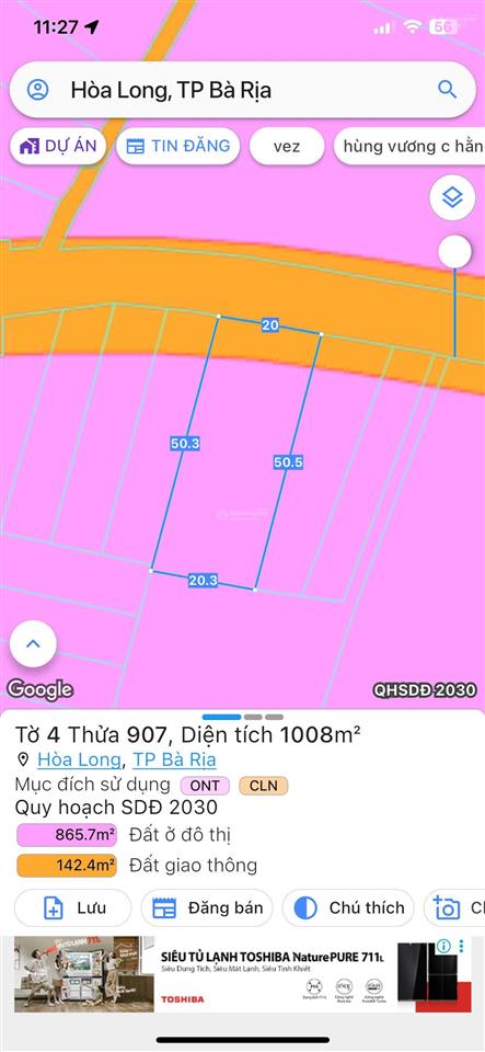 Chính chủ cần bán 1 sào (1000m2) đất mặt tiền đường 82 long phước, tp bà rịa dt 20x50m qh đất ở