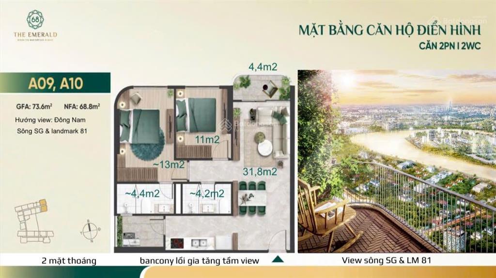 Giỏ hàng độc quyền emerald 68 căn 2pn căn góc view landmark, vốn 800 triệu nhận nhà, miễn lãi 36th.