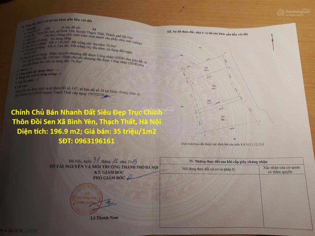 Chính chủ bán nhanh đất siêu đẹp trục chính thôn đồi sen xã bình yên, thạch thất, hà nội