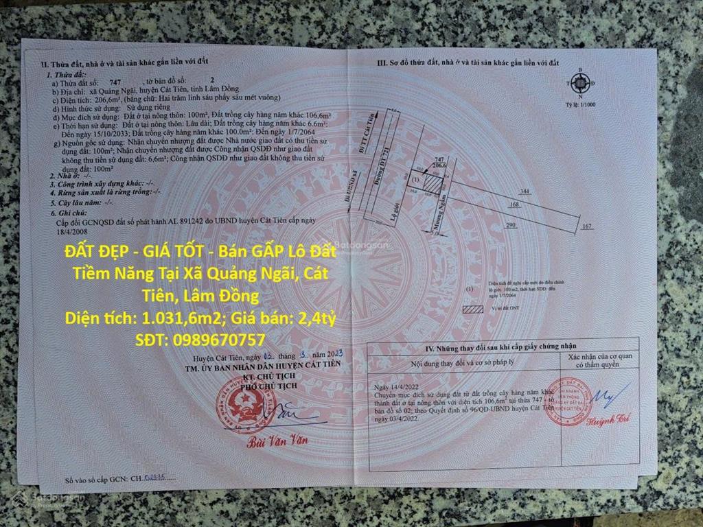 Đất đẹp  giá tốt  bán gấp lô đất tiềm năng tại xã quảng ngãi, cát tiên, lâm đồng