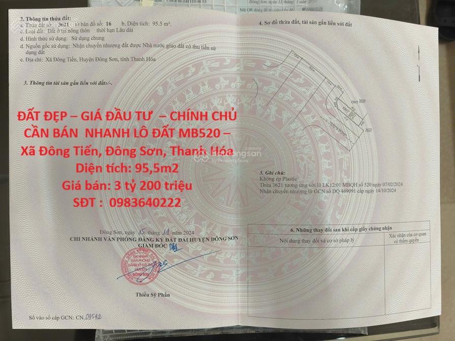 Đất đẹp  giá đầu tư  chính chủ cần bán nhanh lô đất mb520  xã đông tiến, đông sơn, thanh hóa
