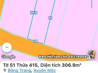 Bán đất xã bông trang xuyên mộc hcm dt 306m2 ngang 10mx30m có 80m2 thổ cư,gần bãi tắm bông trang