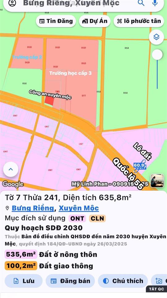 Bán đất mặt tiền quốc lộ 55 xã bưng riềng ngang 10.6mx60m có 100m2 thổ cư, gần trường học cấp 2.3