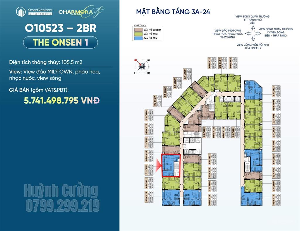 Căn o10523 2pn | the onsen 1 diện tích thông thuỷ 105,5 m² ban công rộng view pháo hoa