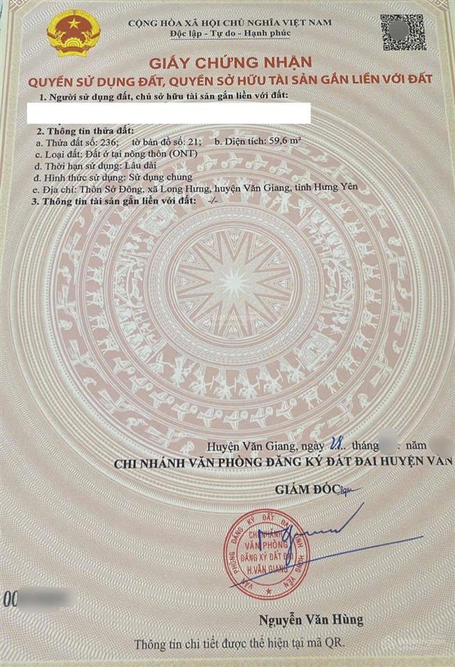 Bán 59,6m2 tại sở đông  nghĩa trụ  hưng yên đường thông xe tải, đi bộ vào trường đh bách khoa