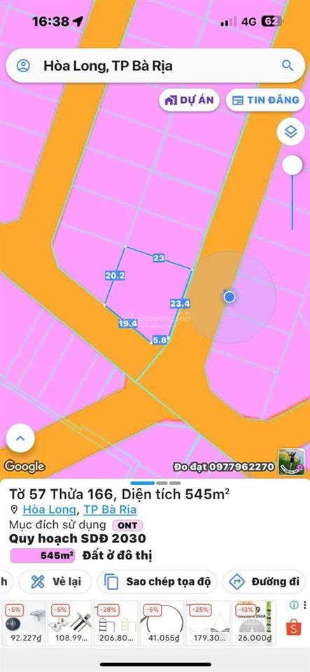 545m2 đất 2 mặt tiền đường nhựa khu biệt thự barimex hòa long, tp bà rịa