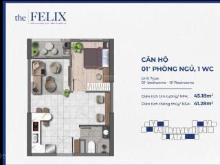 Chủ nhà kẹt tiền cần bán gấp căn hộ the felix 1pn + 45m2 chỉ 1,6 tỷ