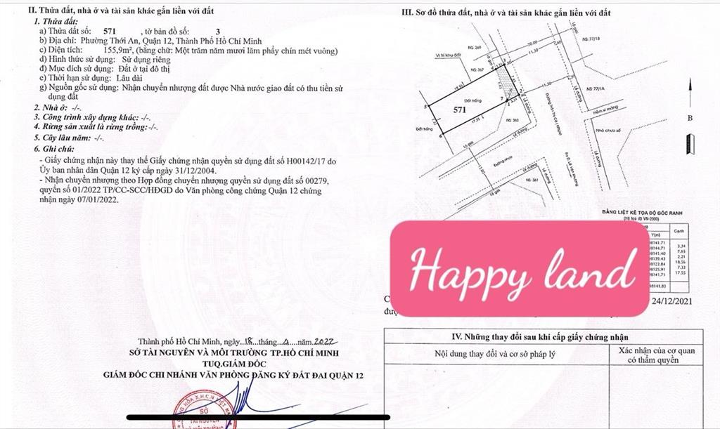 Bán lô đất shr 156m2 mặt tiền 20m trần thị cờ p. thới an, q.129,5 tỷ