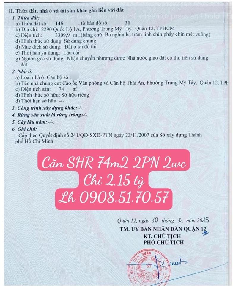 Bán căn hộ chung cư thái an p. trung mỹ tây, q. 12 shr 74m2 2pn 2wc 2,15 tỷ. 0908 517 ***