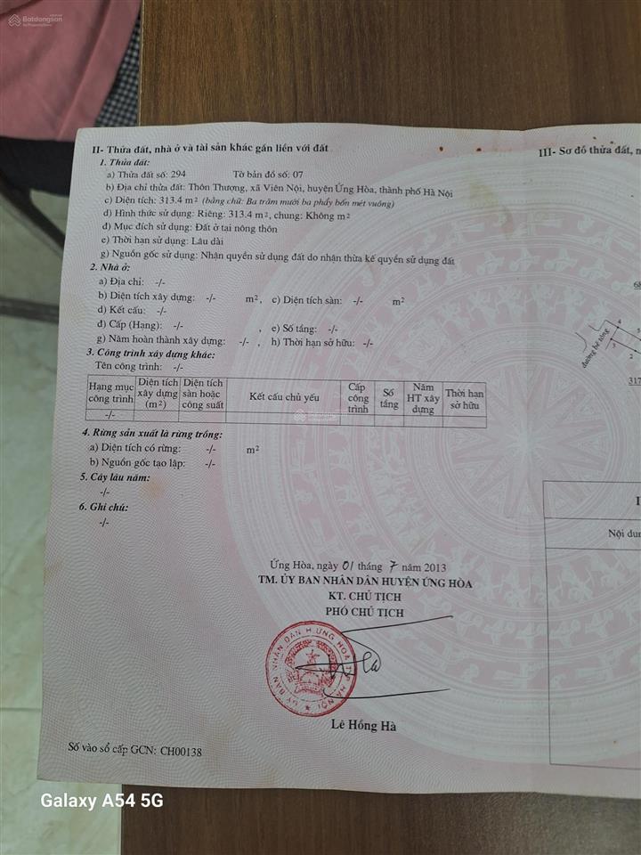 Chính chủ bán 313.4m2 đất full thổ cư ở xã hoa viên, ứng hòa giá đầu tư