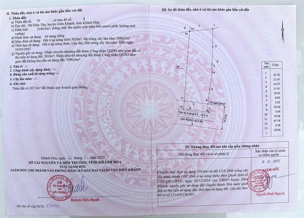 Lô đất mặt tiền tỉnh lộ 2 diên thọ diên khánh khánh hoà