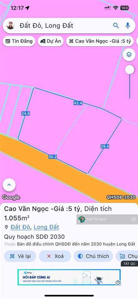 Bán 1060m2 mặt tiền cao văn ngọc  trung tâm thị trấn đất đỏ  brvt