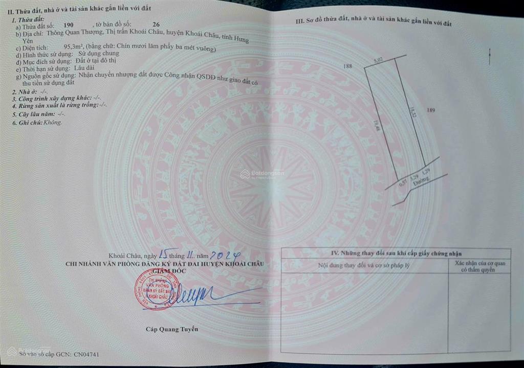 Siêu phẩm trung tâm tt khoái châu 95.3m2. full thổ cư giá chỉ 2.55 tỷ