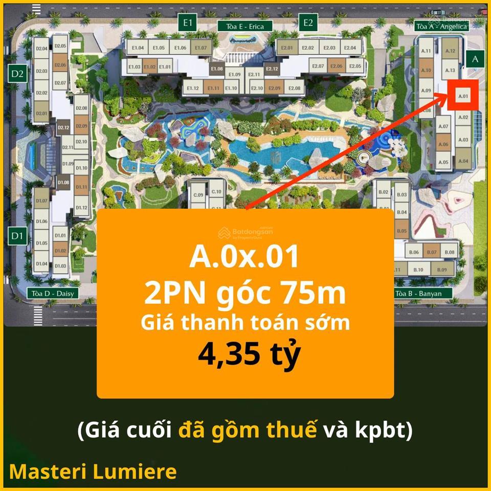 2pn góc masteri 75m2 hướng đông bắc giá chỉ 4.35 tỷ