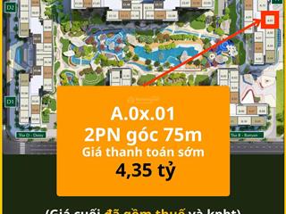 2pn góc masteri 75m2 hướng đông bắc giá chỉ 4.35 tỷ