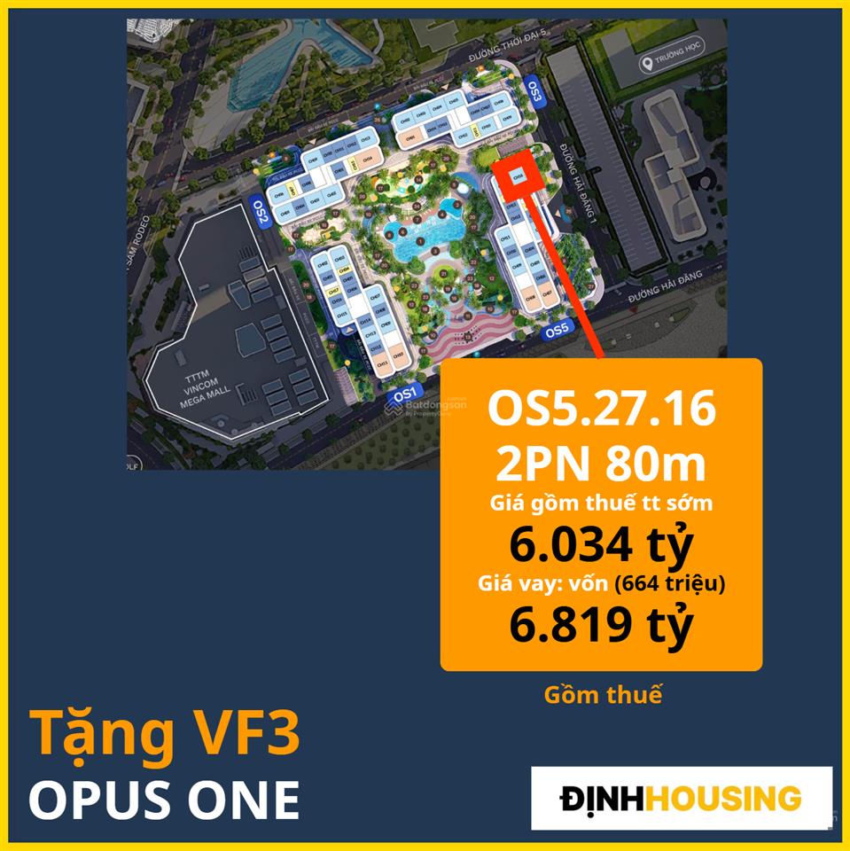 2pn 80m2 opus one (tặng vf3)  view sông  giá 6.011 tỷ all in  vay 80% lãi 0% 2 năm