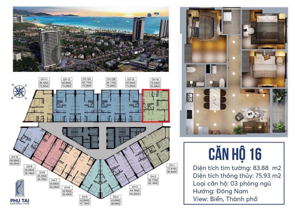 Bán căn hộ phú tài central life quy nhơn từ 1.2tỷ  1pn  3pn 35  83m2 0934 604 ***