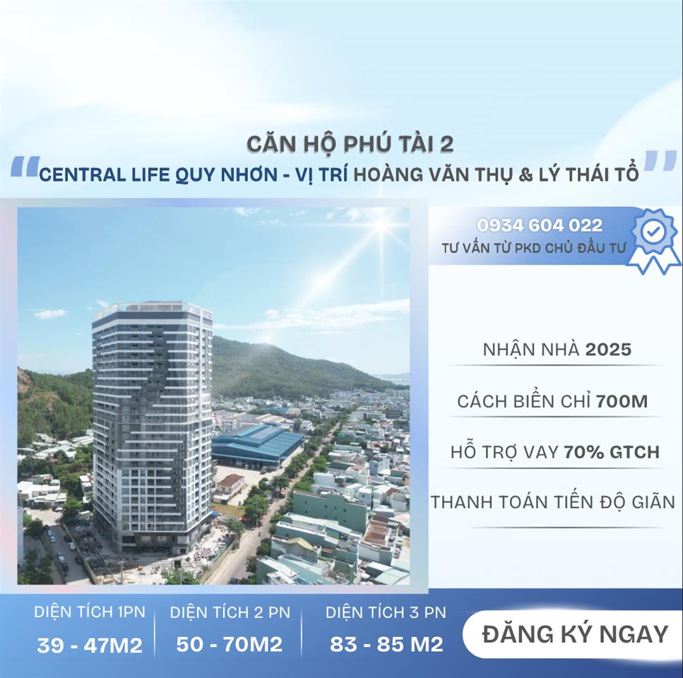 Bán căn hộ phú tài central life quy nhơn từ 1.2tỷ  1pn  3pn 35  83m2 0934 604 ***