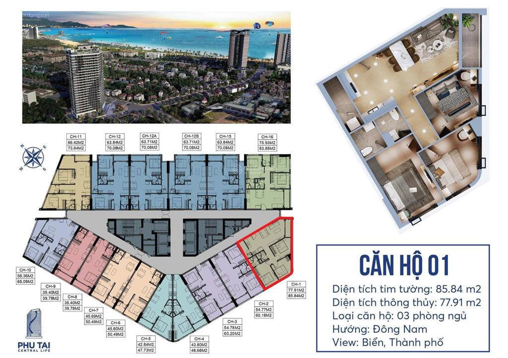 Bán căn hộ phú tài central life quy nhơn từ 1.2tỷ  1pn  3pn 35  83m2 0934 604 ***
