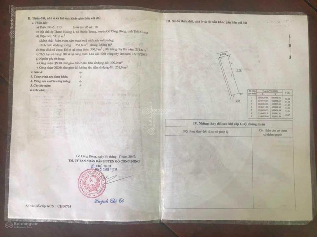 Kẹt tiền cần bán lô đất thổ cư mặt tiền thanh nhung, xã phước trung, gò công đông, 10x50m