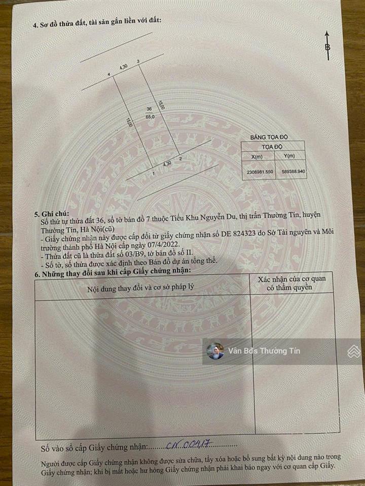 Duy nhất siêu hiếm!mảnh 2 mặt thoáng trục nguyễn du tt thường tín dt 60m2 mt 5m giá 144 triệu/m2