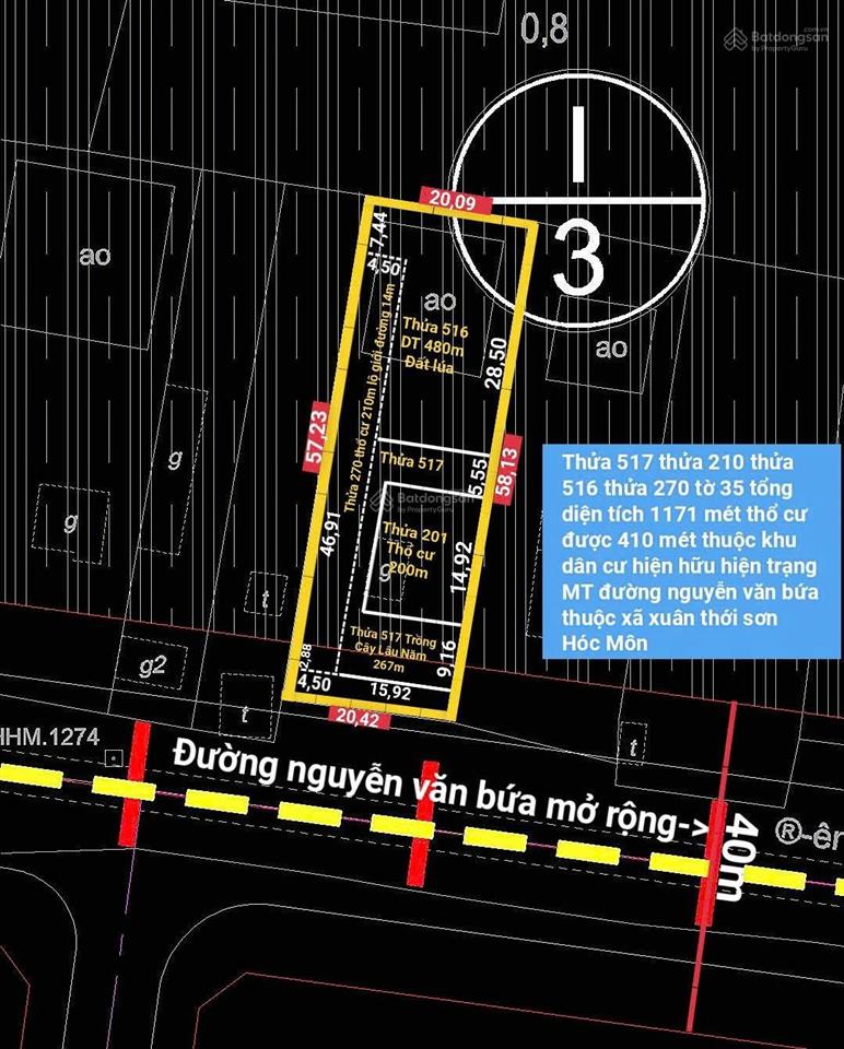 Cần bán lô đất mặt tiền đường nguyễn văn bứa, xã xuân thới sơn, hóc môn, tp.hcm ngang 20m sâu 50m