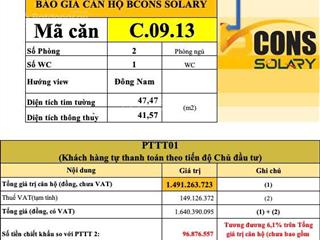 Chính chủ bán căn hộ tầng 9  2pn 1wc 46m2, giá 1.680 tỷ vat, bcons solary
