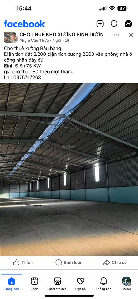 Cho thuê xưởng 1000m2 dĩ an 0907 838 ***