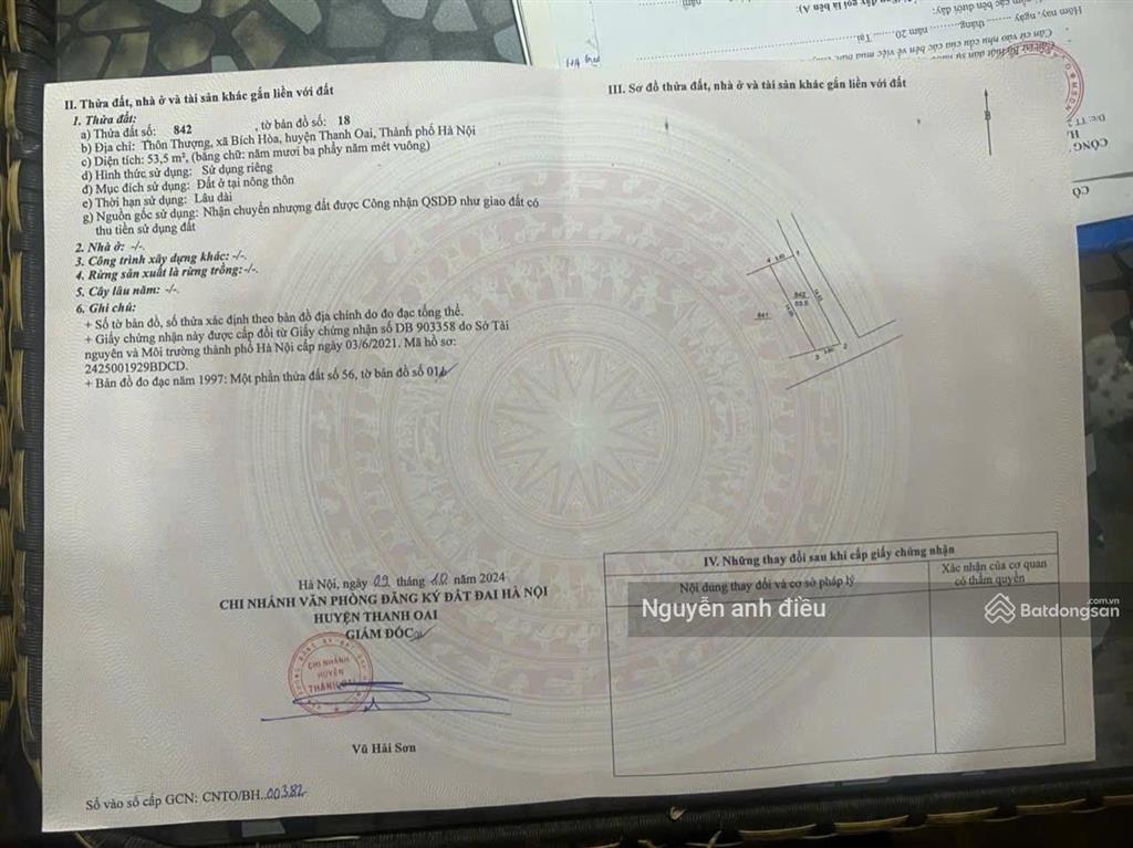 Bán đất bích hoà huyện thanh oai