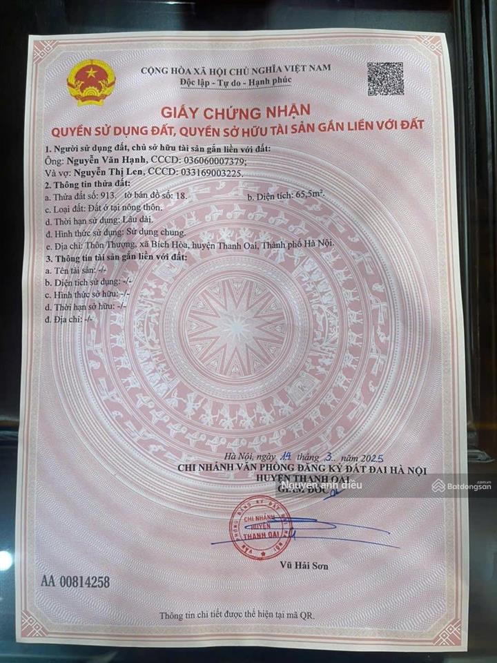 Bán đất thôn thượng bích hoà huyện thanh oai cách chợ đầu mối 500m