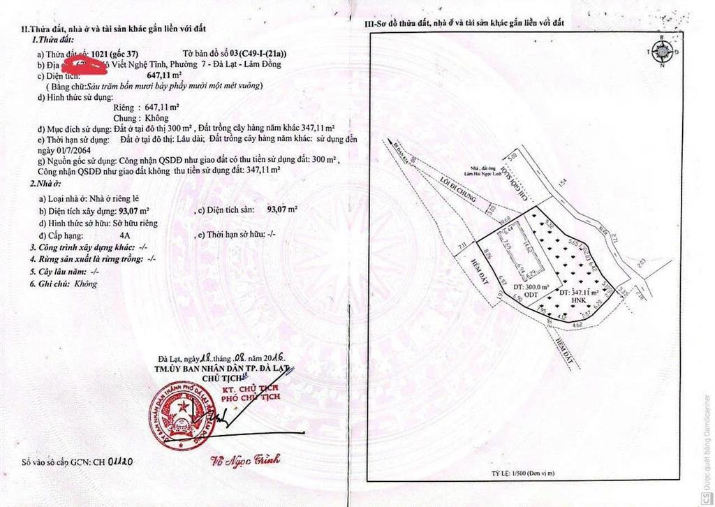 Chính chủ bán nhà kèm đất 647,11m2 đường xvnt p7(cũ), p.langbiang (mới). giá 6,5 tỷ. sổ đỏ riêng