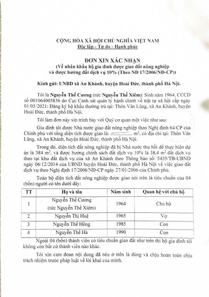 Chính chủ cần bán 90m2 đất dịch vụ xã an khánh, huyện hoài đức, tp hà nội, giá 40 triệu/m2