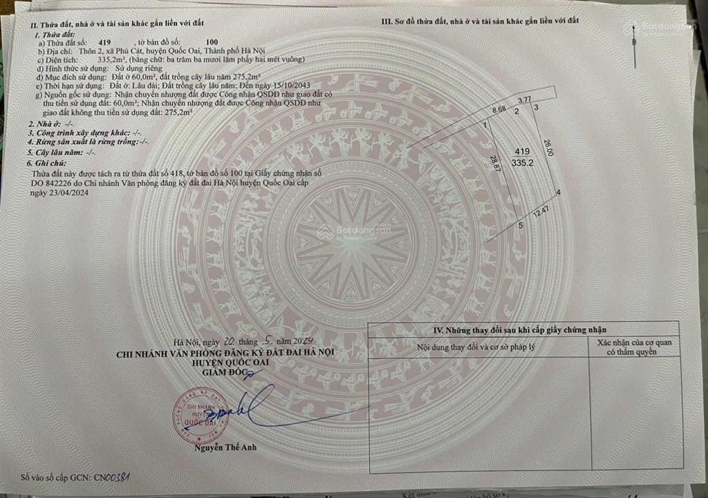 Chính chủ bán gấp đất hoà lạc ngay gần uỷ ban xã phú cát 335m2 mt 12m giá 15.5tr/m2,  0977 514 ***