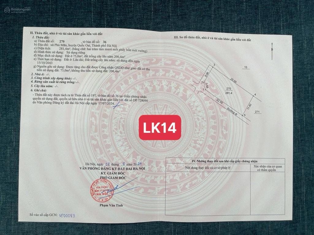 Bán đất nghỉ dưỡng và đầu tư phú mãn xã phú cát  hoà lạc 278,4m2, 14tr/m2 0977 514 ***