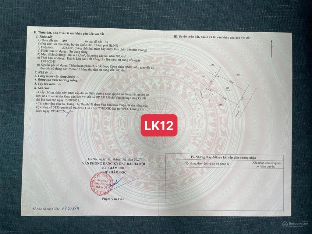 Bán đất nghỉ dưỡng và đầu tư phú mãn xã phú cát  hoà lạc 278,4m2, 14tr/m2 0977 514 ***