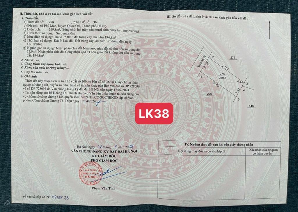 Bán đất đô thị hoà lạc tại phú mãn, xã phú cát mới, 15 triệu/m2, 269.8m2 mt 10m 0977 514 ***