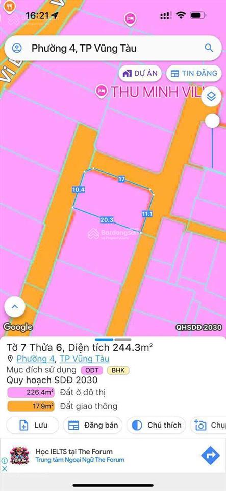Bán đất biệt thự đẹp (góc 2 mặt tiền) dt 244m2 giá 17 tỷ khu bt cao cấp phường 4, vũng tàu gần biển
