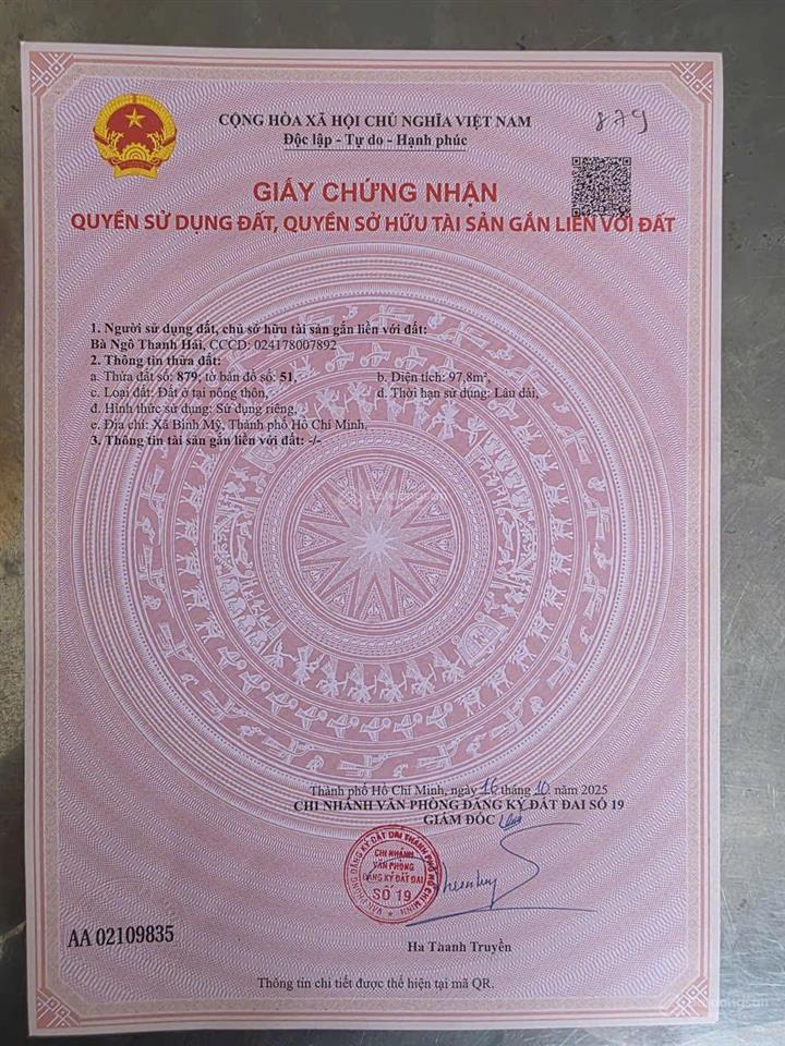 Bán đất 5x20m 100m2 thổ cư full, xây dựng hoàn công, khu vip nhất bình mỹ lúc này