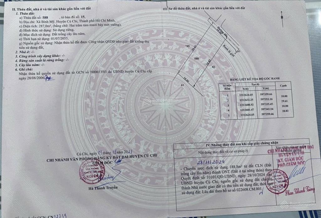 Bình mỹ  củ chi 10x29m = 287m2 thổ cư 188m2, khu dân cư hiện hữu xây dựng tự do