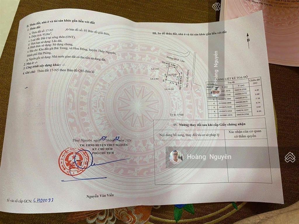 Bán lô góc siêu đẹp 93m2 tại đấu giá bái trong, hoa động, thủy nguyên giá chỉ 4.4 tỷ