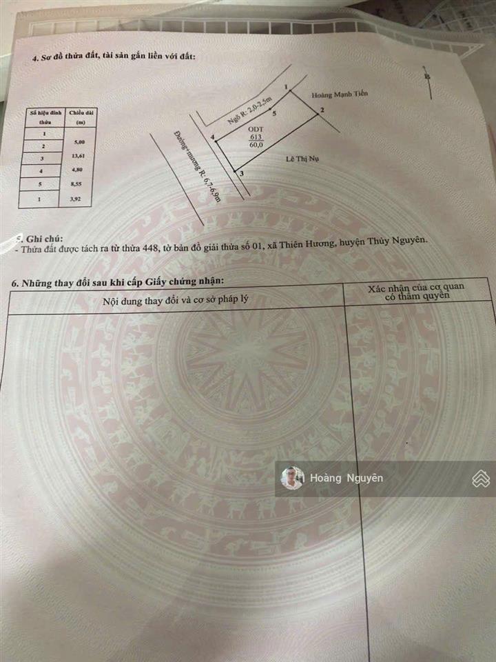 Bán lô đất mặt đường nhựa phường thiên hương , thủy nguyên 60m2 lô góc giá đầu tư siêu rẻ.